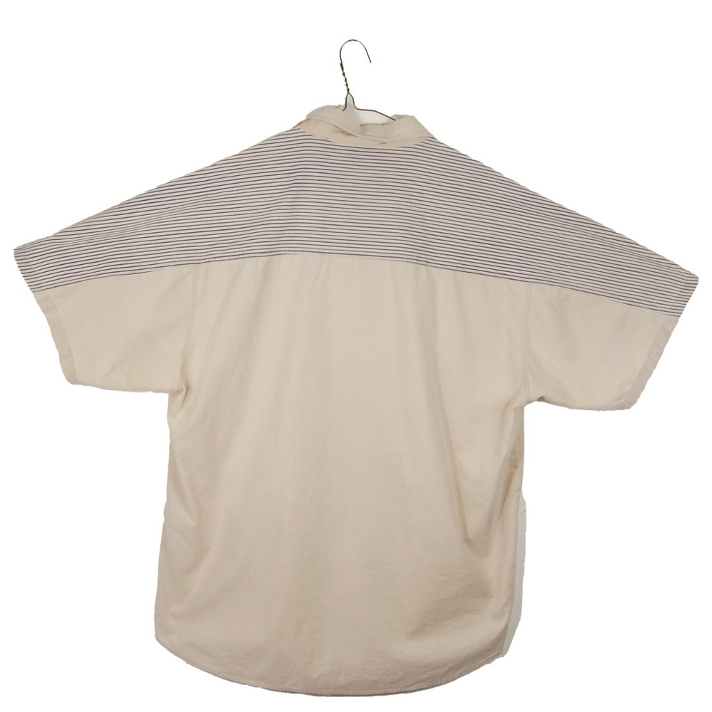 Vintage 90s Light Khaki Western Beige Blue Stripe Short Sleeve Button Up Shirt - Picture 3 of 4